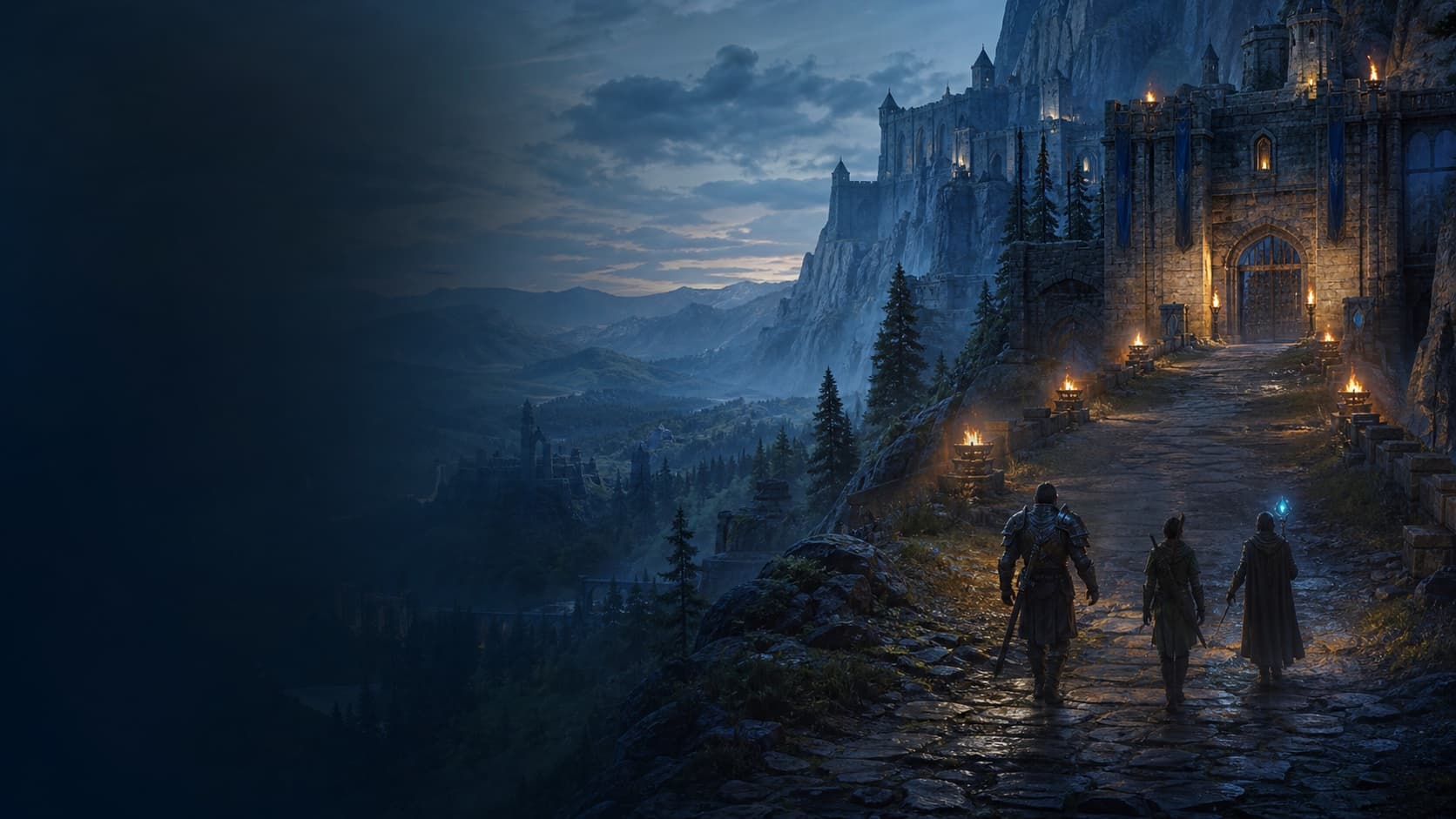 A party approaching a dark mountain citadel